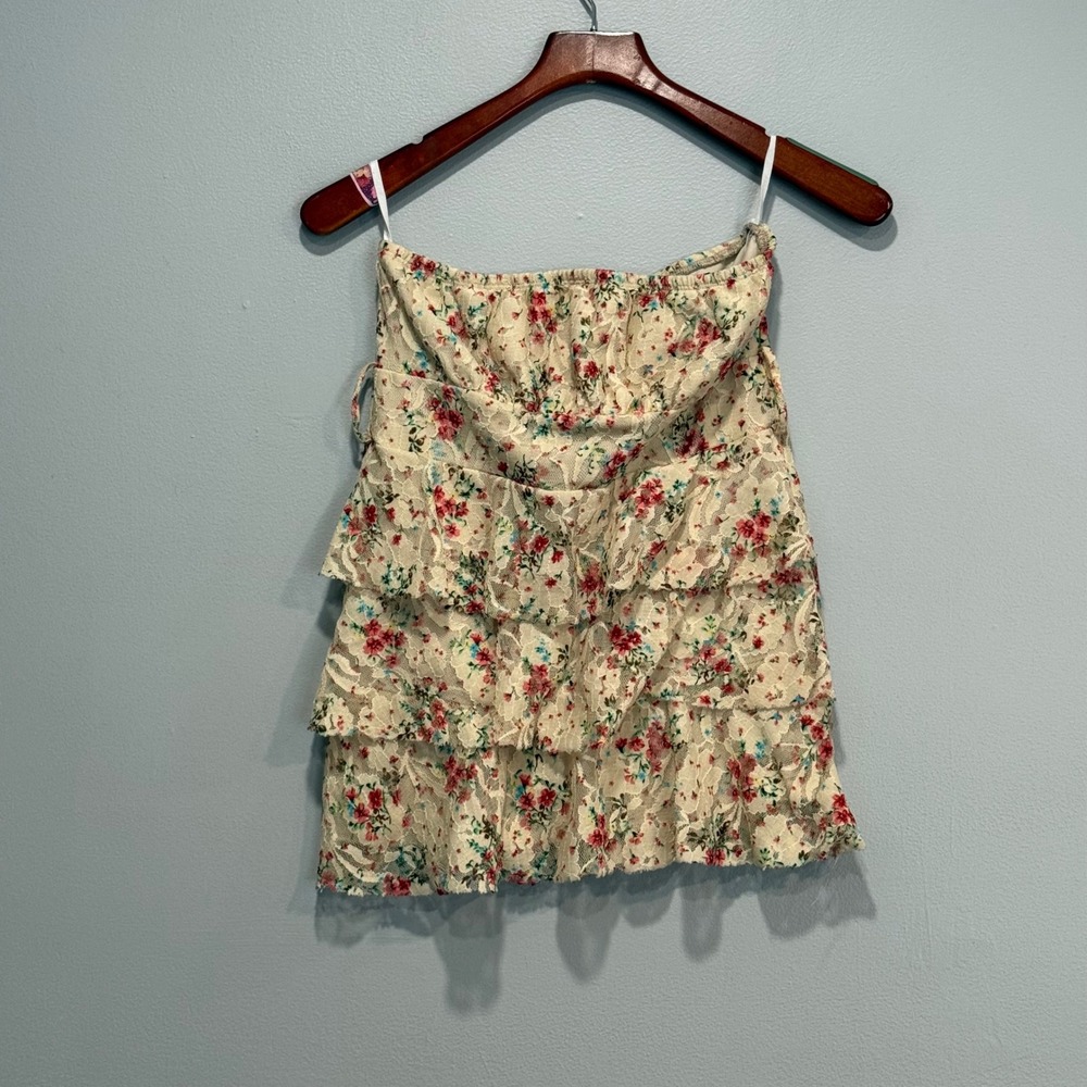 Deb Vintage Floral Lace Tiered Ruffle Tube Top Cream Pink Blue Strapless‎ Y2K